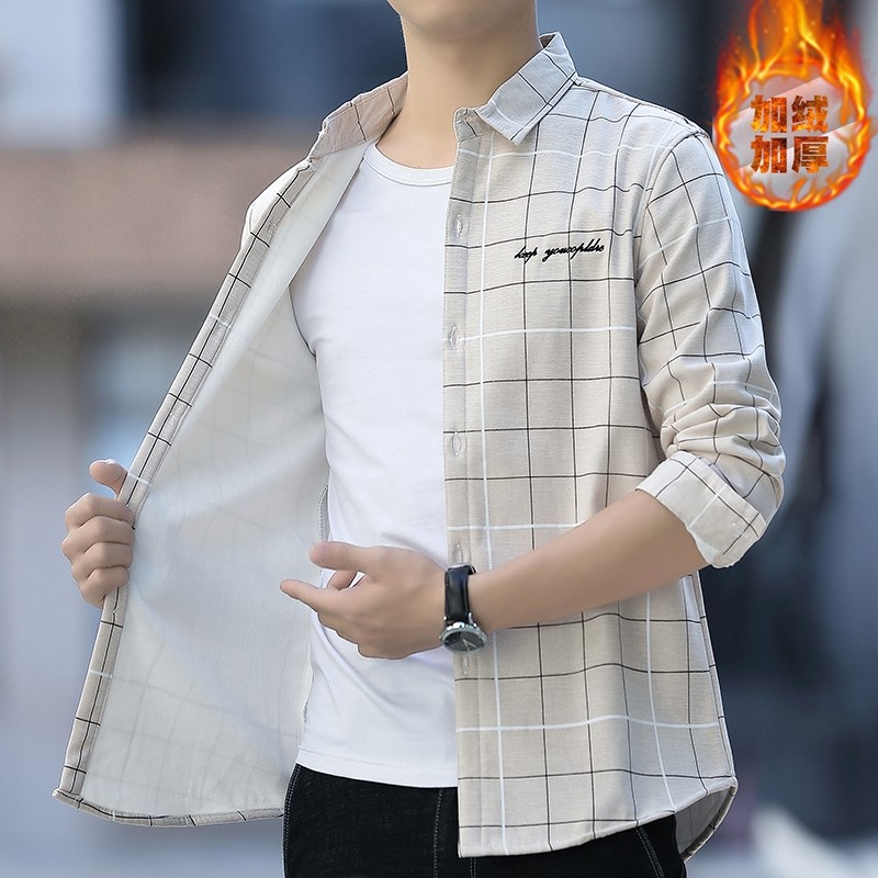 冬季加绒衬衫男士长袖加厚保暖潮流衬衣商务免烫印花休闲格子寸衣