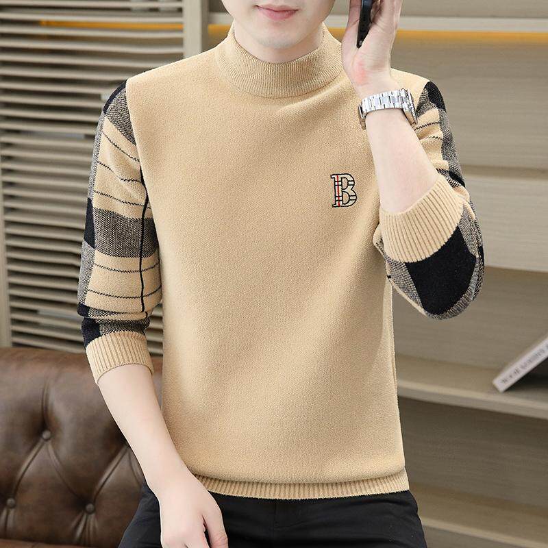 半高领毛衣男士秋冬季修身拼色刺绣内搭中领针织衫加厚打底线衣潮