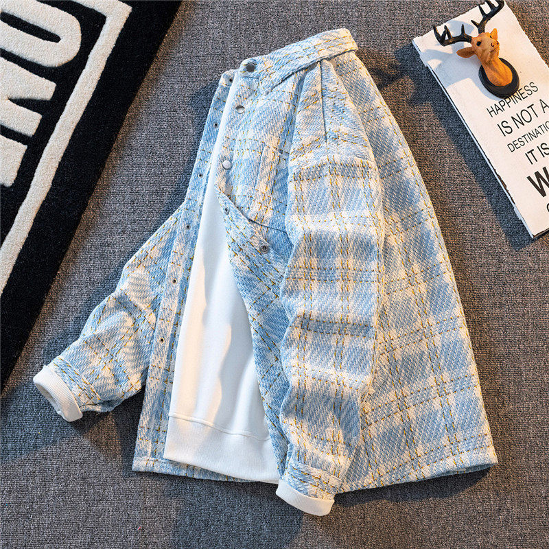 小香风外套男潮牌宽松休闲百搭毛呢夹克2025春秋季高级感格子衬衫