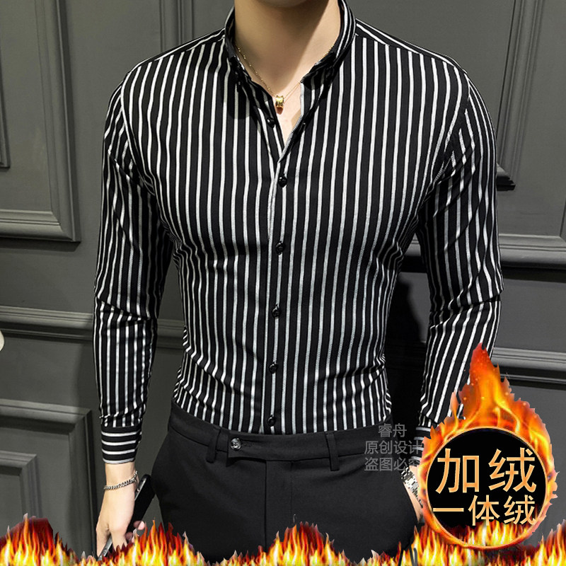 2025轻奢级新款衬衫男士衬衫长袖韩版条纹加绒衬衣男士保暖打底衫